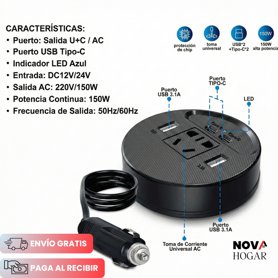 VoltDrive™ Cargador e Inversor De Corriente 220V para Auto