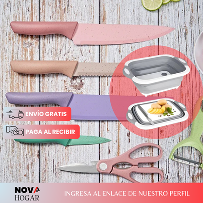 Set de Utensilios + Tabla 3 en 1: Mejora la Eficiencia y Belleza de tu Cocina