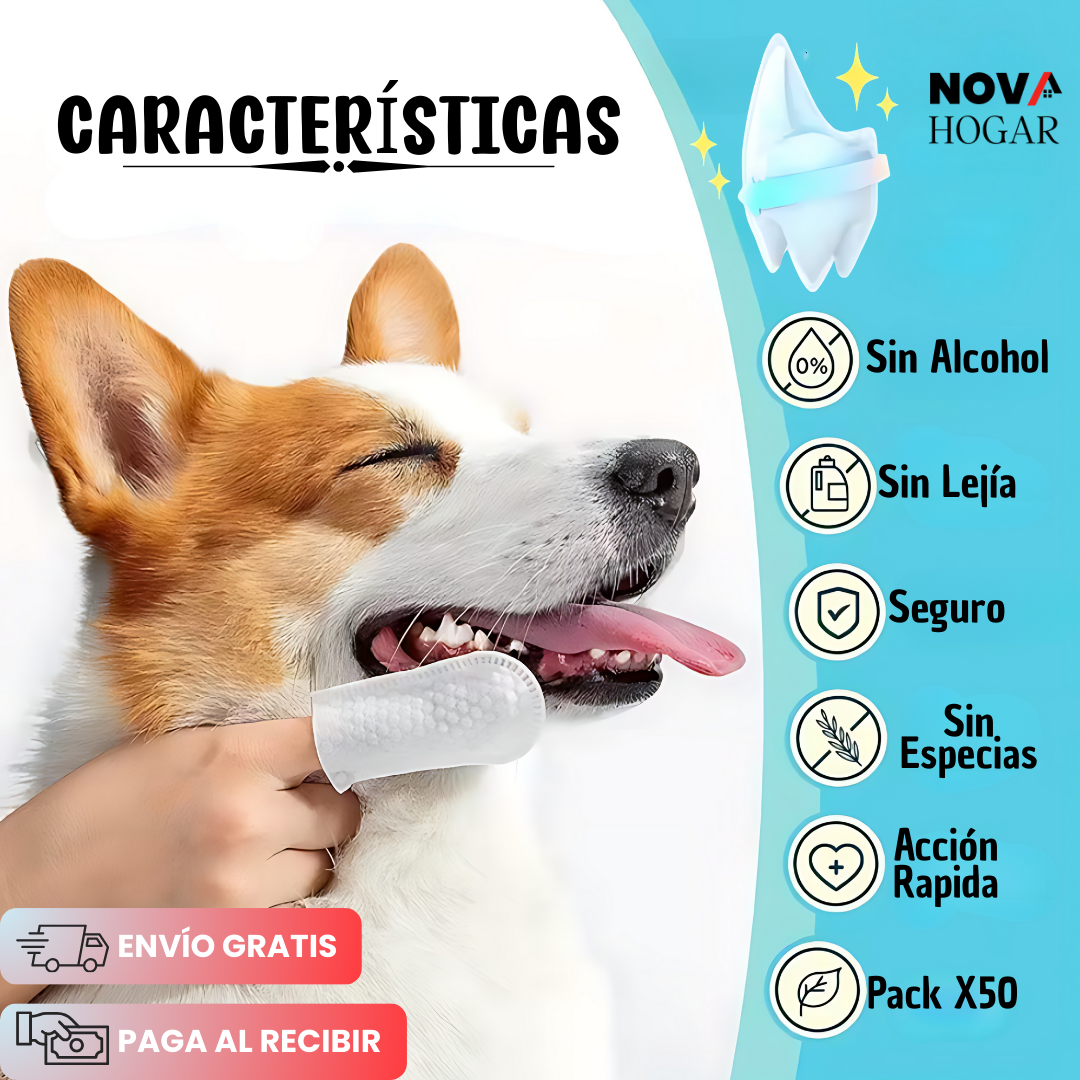 FreshBite™ Pack x50 Toallitas de Limpieza Dentales para Mascotas