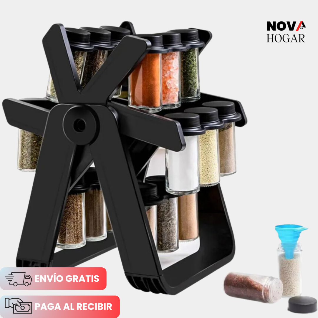 SpiceWhirl™ Organizador Rotativo de Especias con 18 Frascos de Vidrio
