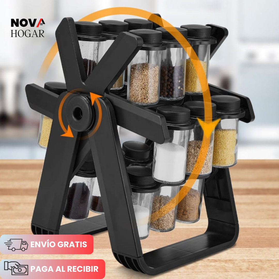 SpiceWhirl™ Organizador Rotativo de Especias con 18 Frascos de Vidrio