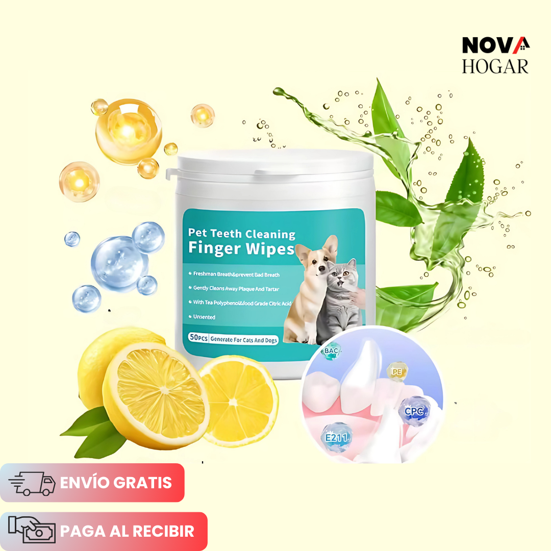 FreshBite™ Pack x50 Toallitas de Limpieza Dentales para Mascotas