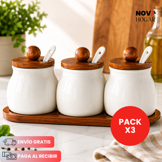 NordicSpice™ Set de 3 Especieros de Cerámica y Madera