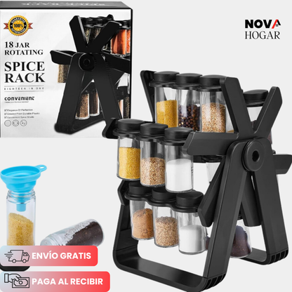 SpiceWhirl™ Organizador Rotativo de Especias con 18 Frascos de Vidrio