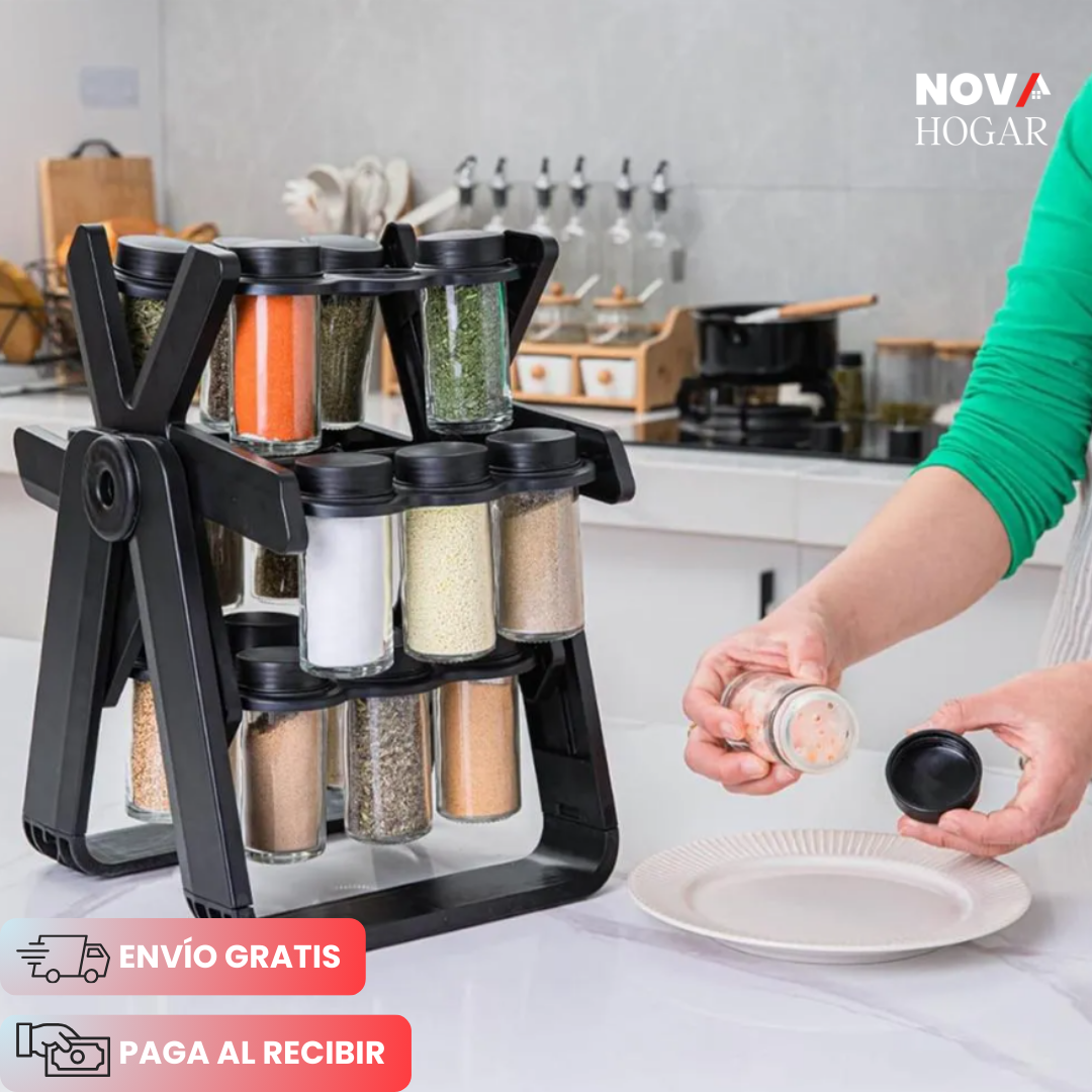 SpiceWhirl™ Organizador Rotativo de Especias con 18 Frascos de Vidrio