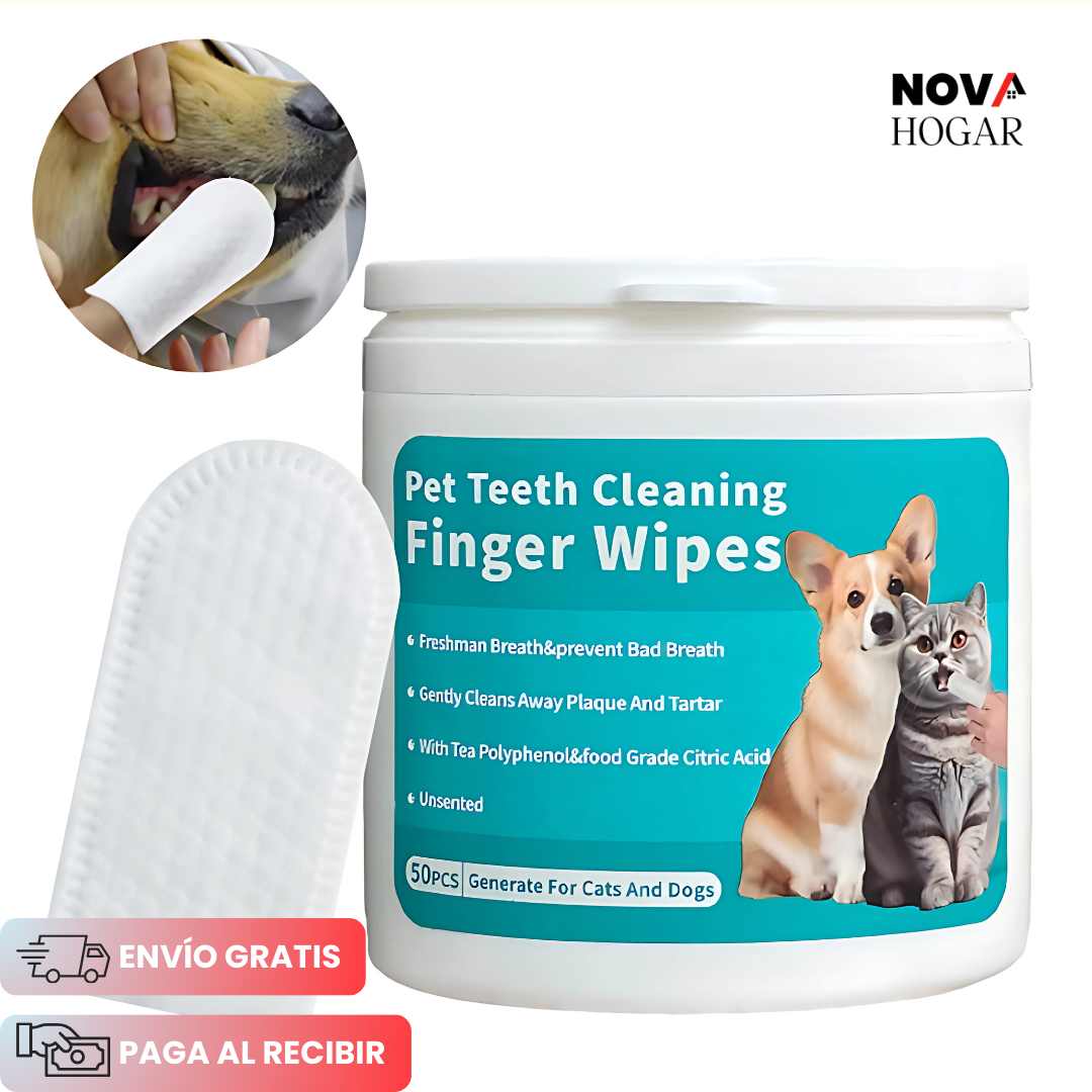 FreshBite™ Pack x50 Toallitas de Limpieza Dentales para Mascotas