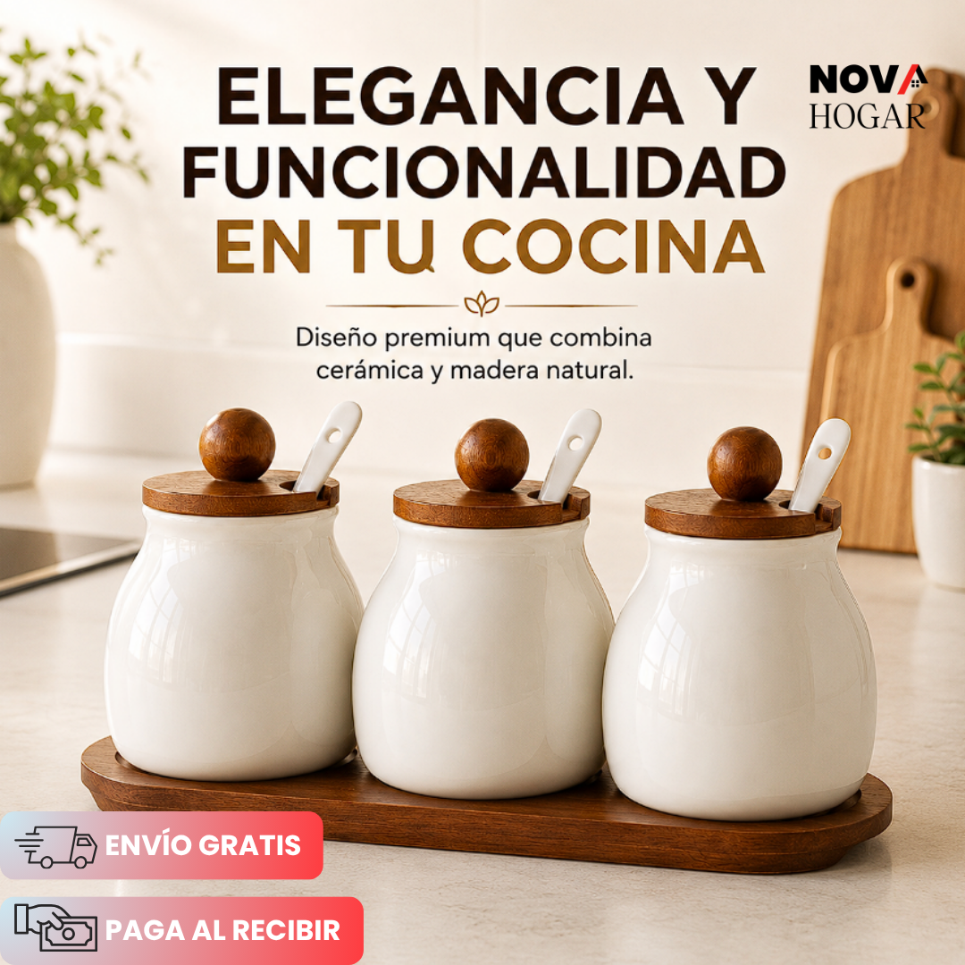 NordicSpice™ Set de 3 Especieros de Cerámica y Madera