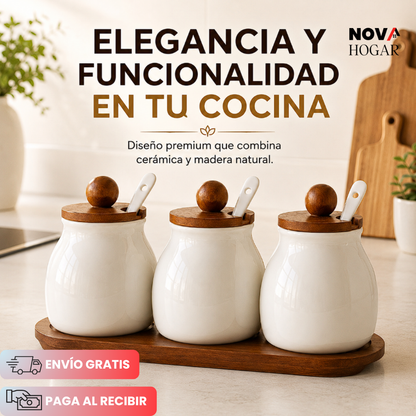 NordicSpice™ Set de 3 Especieros de Cerámica y Madera