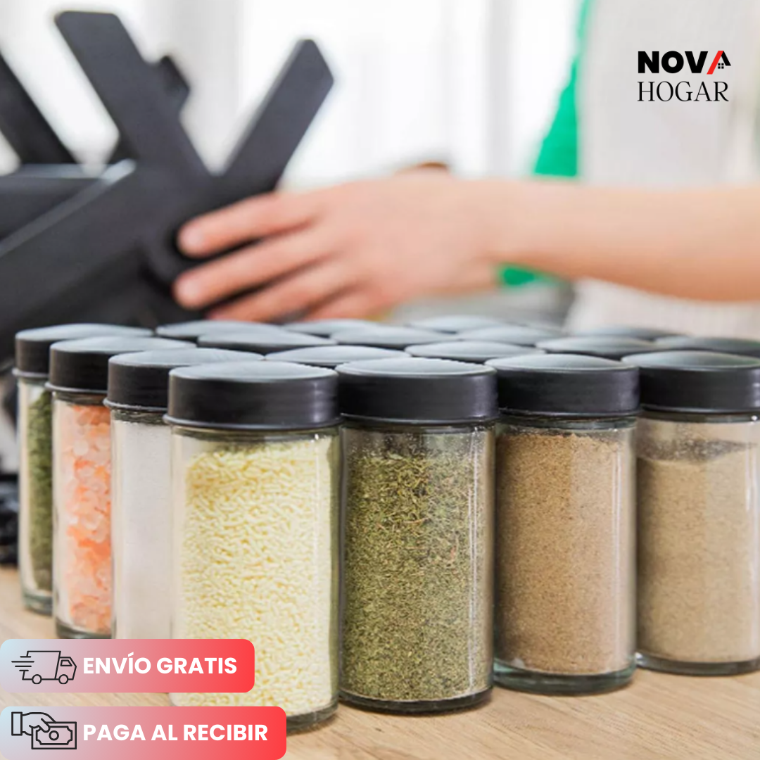 SpiceWhirl™ Organizador Rotativo de Especias con 18 Frascos de Vidrio
