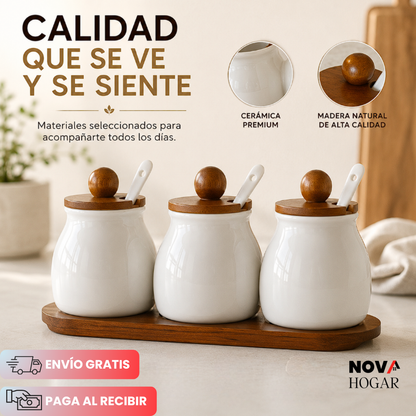 NordicSpice™ Set de 3 Especieros de Cerámica y Madera