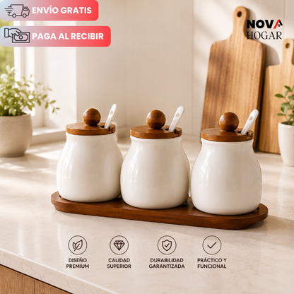 NordicSpice™ Set de 3 Especieros de Cerámica y Madera