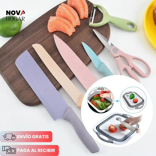 Set de Utensilios + Tabla 3 en 1: Mejora la Eficiencia y Belleza de tu Cocina