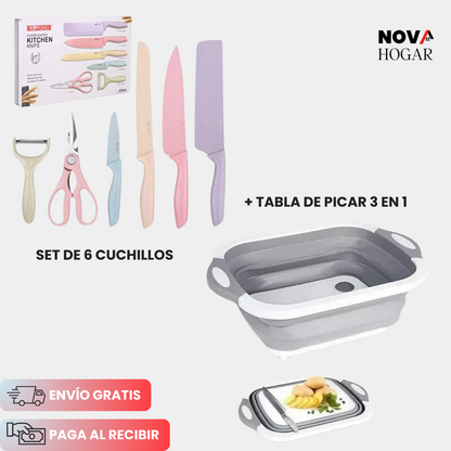 Set de Utensilios + Tabla 3 en 1: Mejora la Eficiencia y Belleza de tu Cocina
