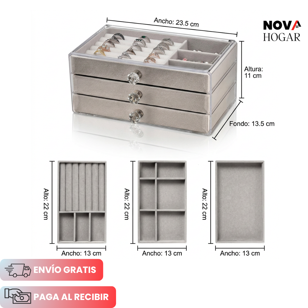 GemGlance™ Joyero Tres Niveles Interior Gamuzado