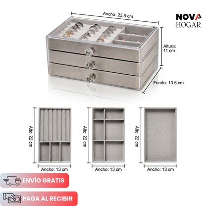 GemGlance™ Joyero Tres Niveles Interior Gamuzado