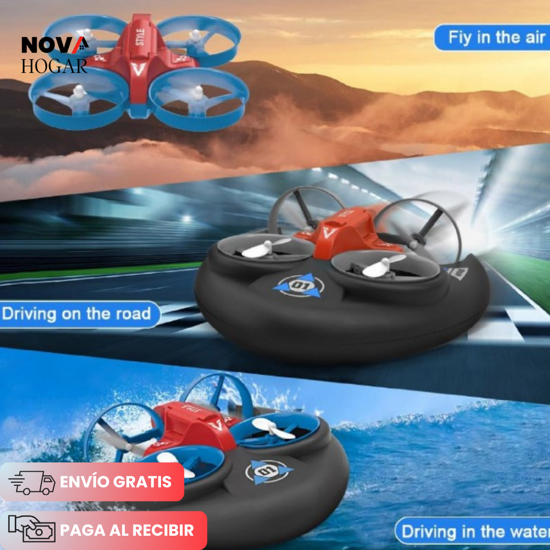 HydroFlyer™ Dron Aerodeslizador 3 en 1 Combina Vuelo, Navegación y Conducción