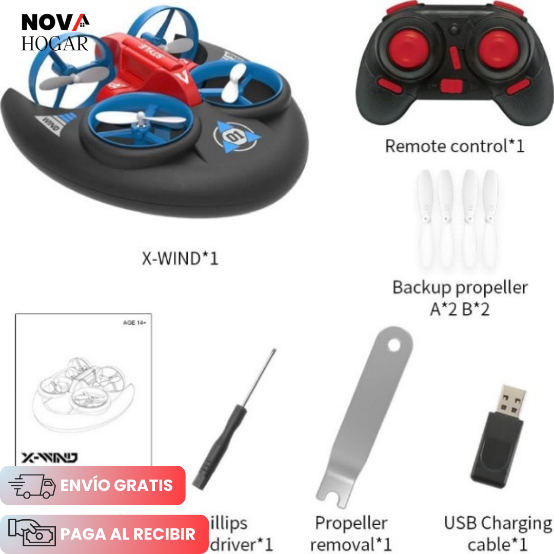 HydroFlyer™ Dron Aerodeslizador 3 en 1 Combina Vuelo, Navegación y Conducción
