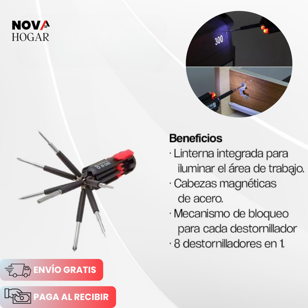 FlashFix™ Destornillador 8 en 1 con Linterna Integrada
