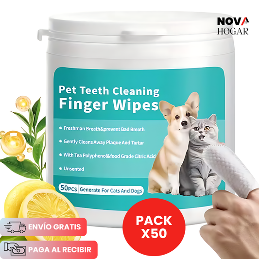 FreshBite™ Pack x50 Toallitas de Limpieza Dentales para Mascotas